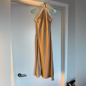 Wilfred Tan Satin Maxi Slip Dress with Lace Trim